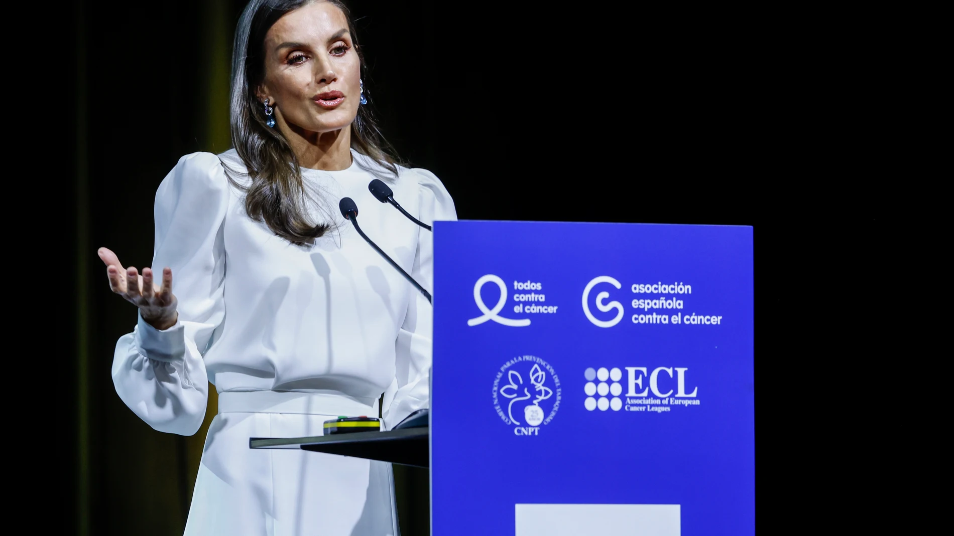 MADRID, 26/04/2023.- La reina Letizia participa en la 9ª Conferencia Europea “Tabaco o Salud” (ECToH) organizada por la Asociación Española contra el Cáncer (AECC) en colaboración con la asociación de organizaciones europeas contra el cáncer (ECL) este miércoles en Madrid. EFE/ J. J. Guillén