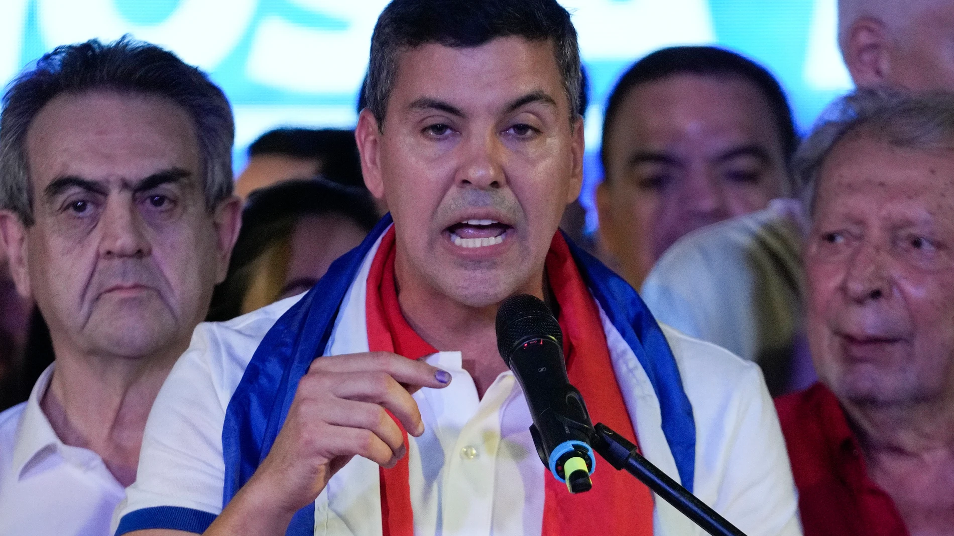 Santiago Peña, presidential candidate of the Colorado ruling party, talks after the voting closed during general elections in Asuncion, Paraguay, Sunday, April 30, 2023. (AP Photo/Jorge Saenz)