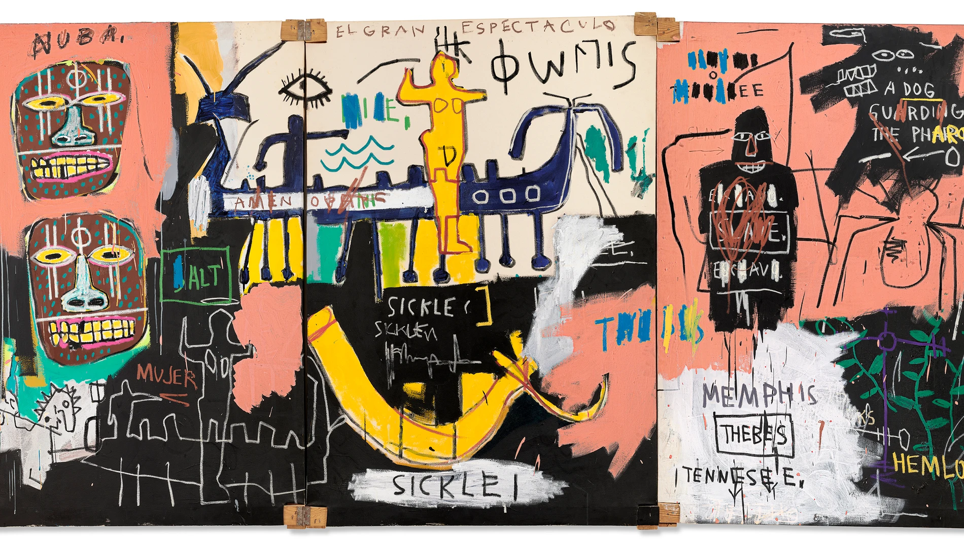 USA7162. NUEVA YORK (NY, EEUU), 15/05/2023.- Fotografía cedida por Christie's donde se aprecia la obra "El gran espectáculo (The Nile)" (1983), un lienzo de un joven Jean Michel Basquiat que alude a la migración en África, el comercio de esclavos o la lucha por los derechos civiles, que fue vendida este lunes por 67,1 millones de dólares (61,7 millones de euros) en una subasta organizada por esta casa de subastas, hoy en Nueva York (EE. UU). El cuadro de Basquiat supera así ampliamente los 45 millones que figuraban como estimación de salida y lleva camino de convertirse en una de las mejores ventas de la temporada de primavera que comenzó la semana pasada en las grandes casas neoyorquinas. EFE/Christie's /SOLO USO EDITORIAL/NO VENTAS/SOLO DISPONIBLE PARA ILUSTRAR LA NOTICIA QUE ACOMPAÑA/CRÉDITO OBLIGATORIO