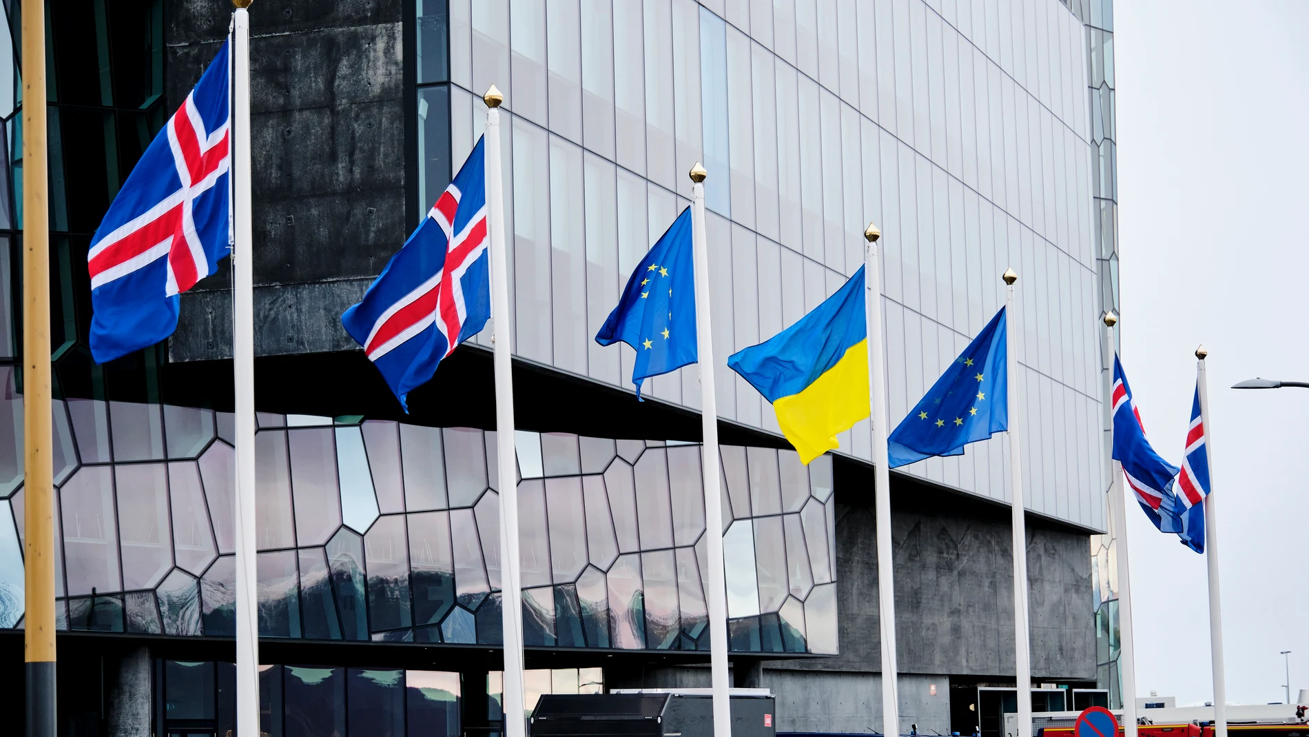 Reykjavik (Iceland), 27/06/2018.- Flag flutter in front of the Harpa Concert Hall and Conference Centre that will host the 4th Summit of the Council of Europe in Reykjavik, Iceland, 16 May 2023. The Icelandic Prime Minister and Minister for Foreign Affairs will host the summit from 16 to 17 May. In addition to the Council of Europe's member states, representatives of the EU, the United Nations, and OSCE have been invited to address the summit which is expected to reaffirm the principles of th...