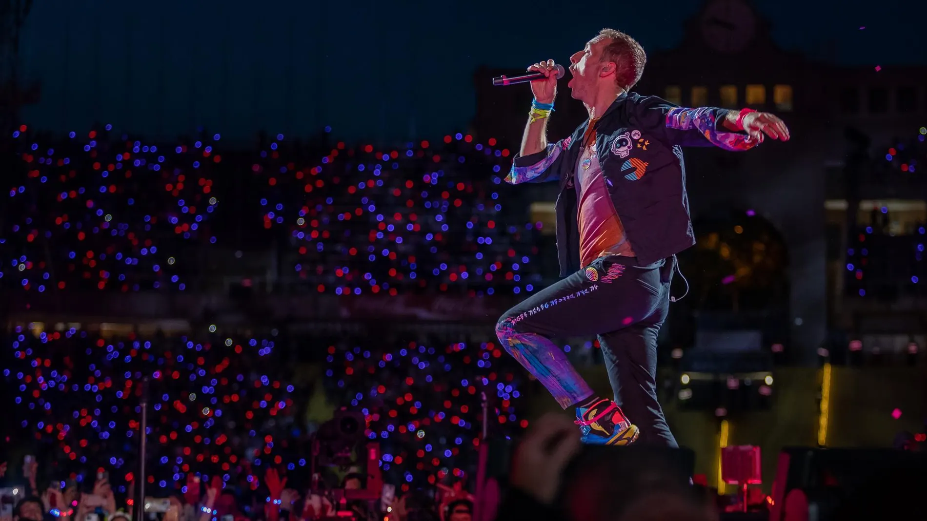 Chris Martin, durante la primera actuación en Barcelona