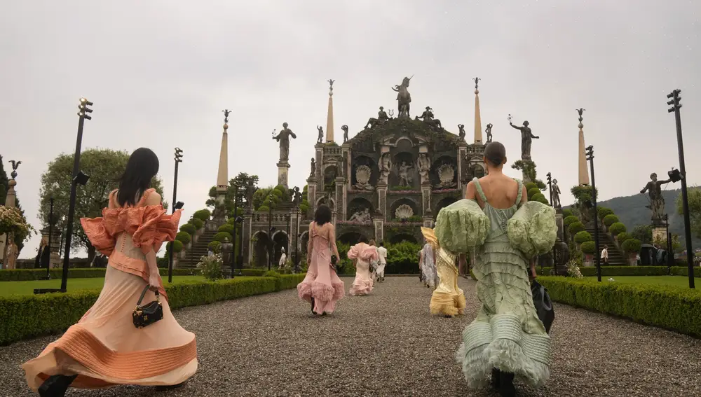 Models wear creations as part of the women's Louis Vuitton Cruise 2024 collection, unveiled on Isola Bella (Bella Island) on Lake Maggiore in Stresa, northern Italy, Wednesday, May 24, 2023.