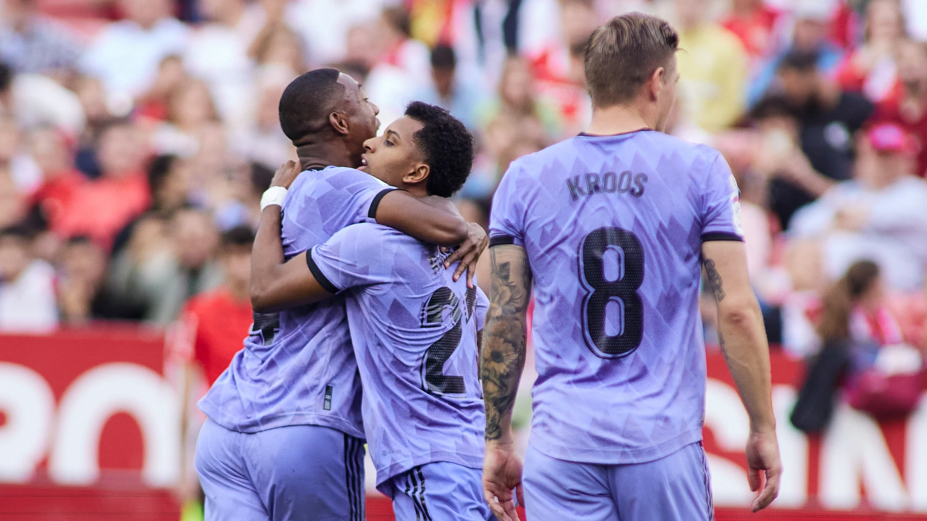 Rodrygo Goes of Real Madrid celebrates a goal during the spanish league, La Liga Santander, football match played between Sevilla FC and Real Madrid at Ramon Sanchez Pizjuan stadium on May 27, 2023, in Sevilla, Spain. Joaquin Corchero / Afp7 27/05/2023 ONLY FOR USE IN SPAIN