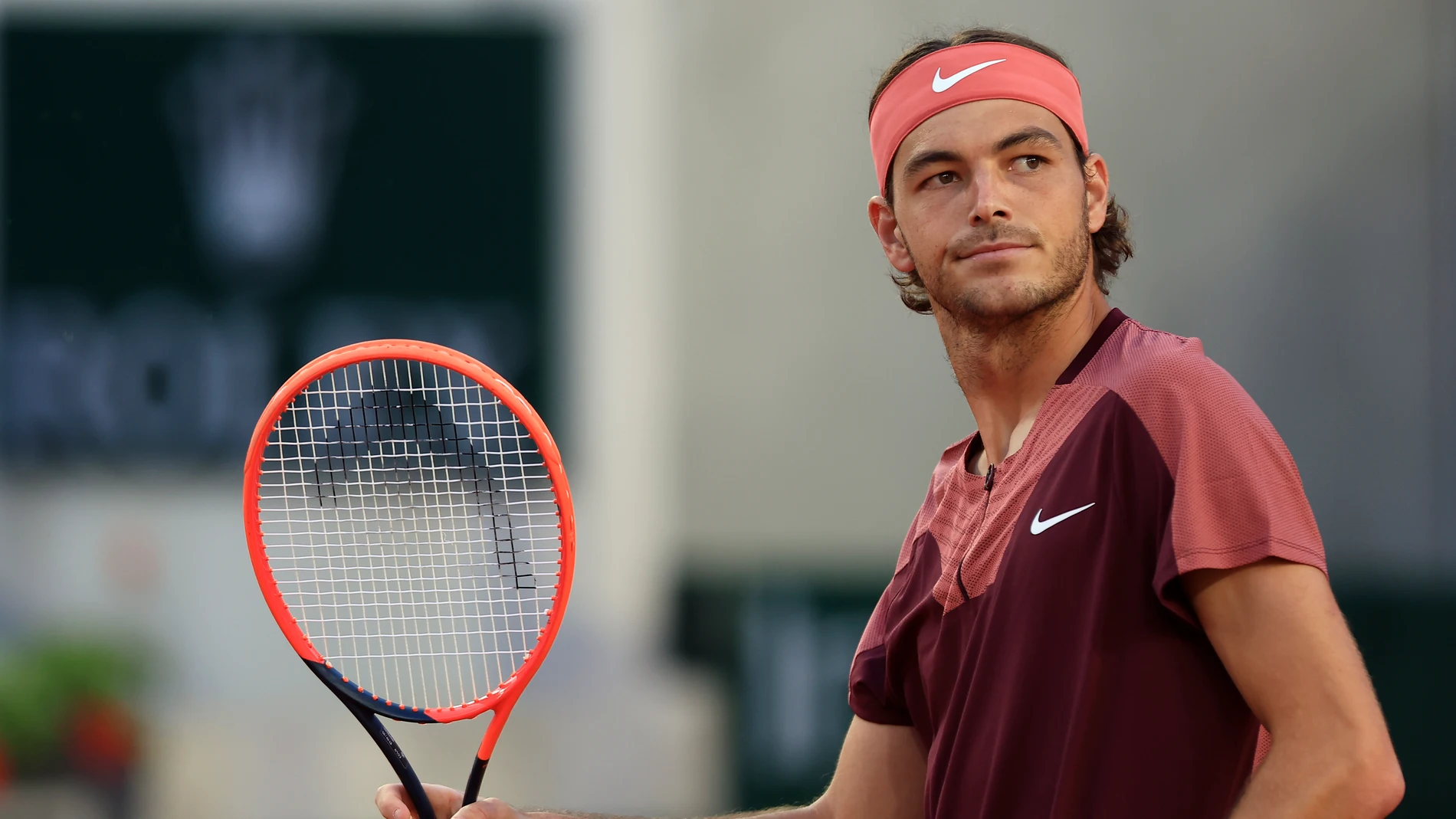 Taylor Fritz of the U.S. looks on during his second round match of the French Open tennis tournament against France's Arthur Rinderknech, at the Roland Garros stadium in Paris, Thursday, June 1, 2023. (AP Photo/Aurelien Morissard)