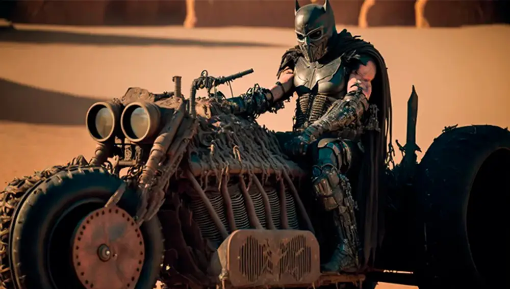 Batman en su batmoto postapocalíptica.