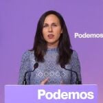 Ione Belarra durante su intervención hoy para anunciar el acuerdo con Sumar