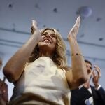 La vicepresidenta segunda del Gobierno y líder de Sumar, Yolanda Díaz, comparece ante los medios este sábado tras el acuerdo alcanzado con Podemos para integrarse en la coalición sin Irene Montero, un acuerdo que anoche permitió registrar ante la Junta Electoral esta plataforma formada por 15 partidos de la izquierda que concurrirán juntos a las elecciones del 23J. 