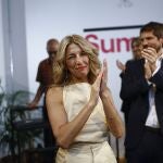 La vicepresidenta segunda del Gobierno y líder de Sumar, Yolanda Díaz, comparece ante los medios este sábado tras el acuerdo alcanzado con Podemos para integrarse en la coalición sin Irene Montero, un acuerdo que anoche permitió registrar ante la Junta Electoral esta plataforma formada por 15 partidos de la izquierda que concurrirán juntos a las elecciones del 23J. 
