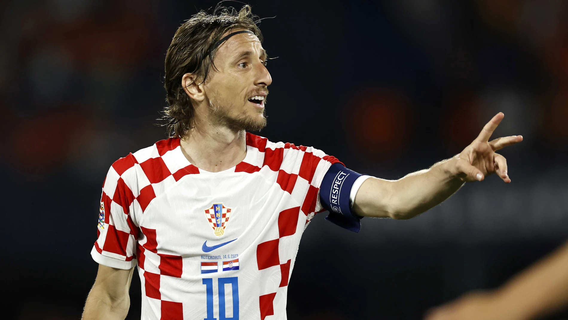 Rotterdam (Netherlands), 14/06/2023.- Luka Modric of Croatia reacts during the UEFA Nations League semi final soccer match between the Netherlands and Croatia at Feyenoord Stadion de Kuip in Rotterdam, Netherlands, 14 June 2023. (Croacia, Países Bajos; Holanda) EFE/EPA/MAURICE VAN STEEN