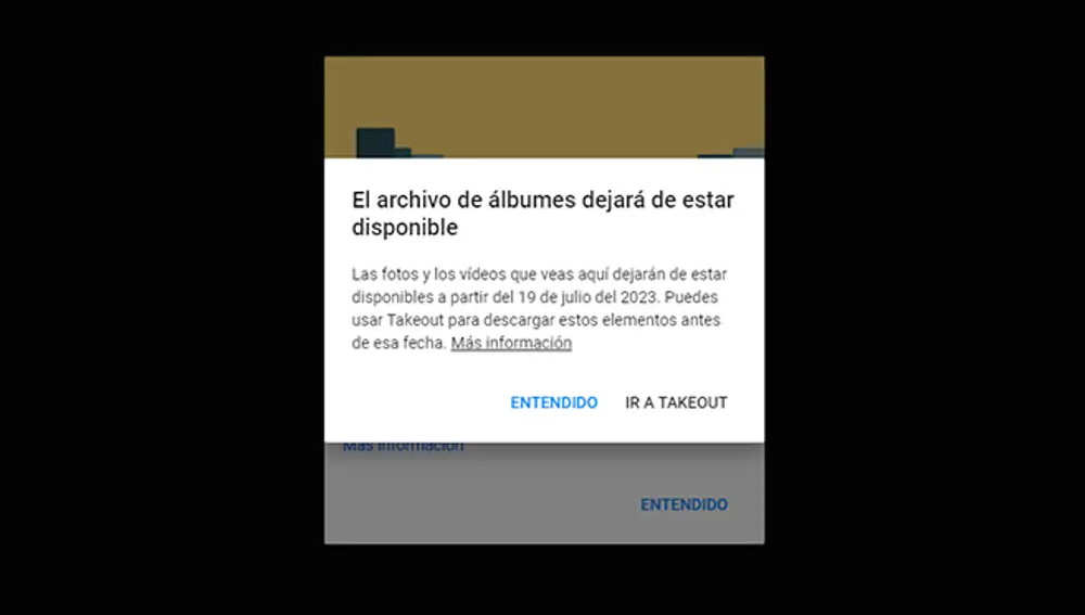 El aviso de Google informando del cierre de Archivo de álbumes.