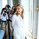 La vicepresidenta segunda y líder de SUMAR, Yolanda Díaz, a su llegada al seminario de la APIE de la Universidad Internacional Menéndez Pelayo (UIMP), en el Palacio de la Magdalena, a 22 de junio de 2023, en Santander.