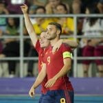 Abel Ruiz of Spain, right, celebrates after scoring his side's first goal during the Euro 2023 U21 Championship soccer match between Spain and Croatia at the Giulesti stadium in Bucharest, Romania, Saturday, June 24, 2023.