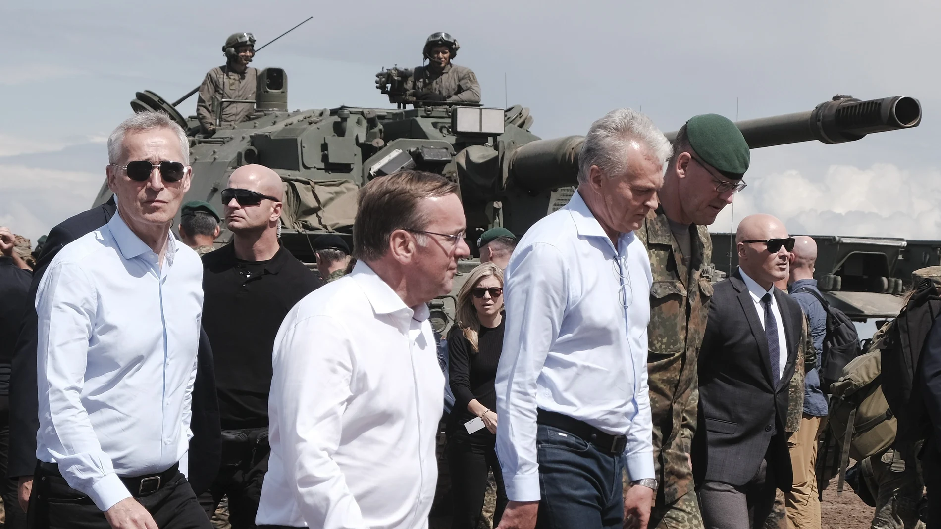 (L-R) NATO Secretary General Jens Stoltenberg, German Defence Minister Boris Pistorius and Lithuanian President Gitanas Nauseda visit the training phase of Exercise Griffin Storm at the General Silvestras Zukauskas Training Area, in Pabrade, Lithuania, 26 June 2023.