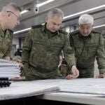 A handout image provided by the Russian Defence Ministry's press service shows Russian Minister of Defence Sergei Shoigu (C) inspecting the forward command post of the 'ÄòWestern'Äô group of troops in the zone of the special operation in Ukraine at an undisclosed location, 26 June 2023.