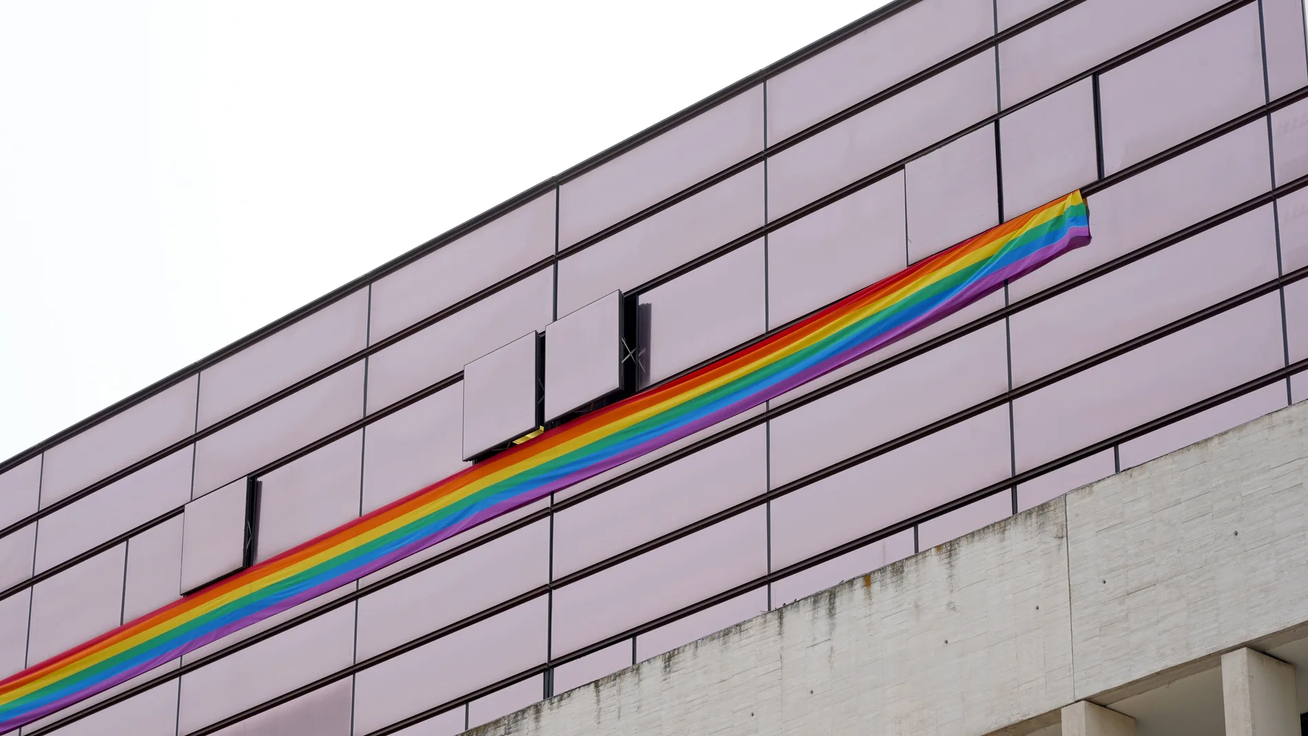 Banderas LGTBI colgadas en las ventanas de los despachos del Grupo Socialista en las Cortes de Castilla y León