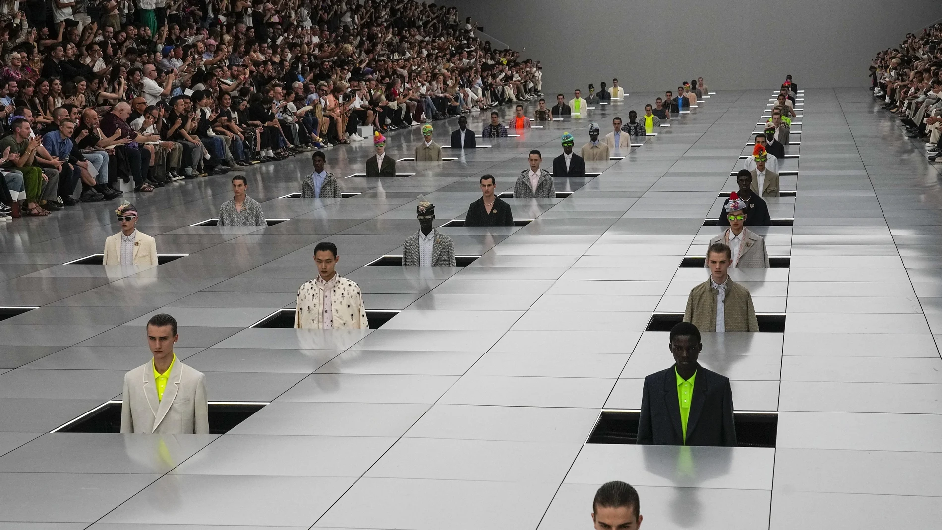 Models wear creations for the Dior Menswear Spring/Summer 2024 fashion collection presented in Paris, Friday, June 23, 2023.