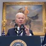 US President Joe Biden delivers remarks in the Roosevelt Room of the White House