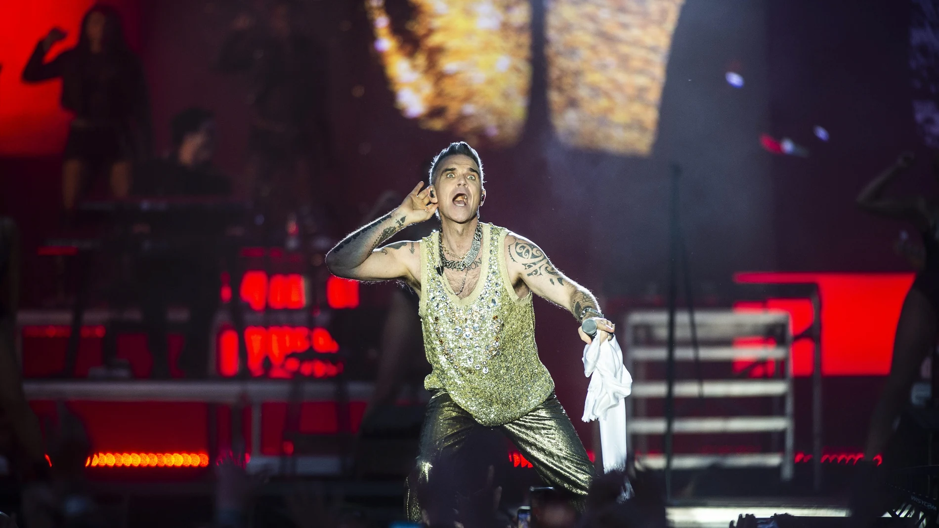 Robbie Williams performs at Heartland Festival, in Kvaerndrup, Denmark