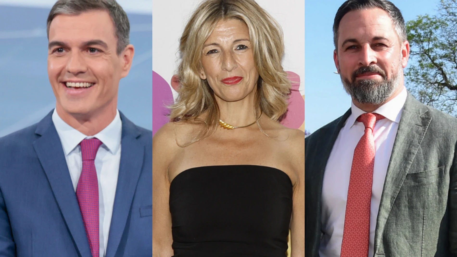 Pedro Sánchez, Yolanda Díaz y Santiago Abascal, líderes políticos de PSOE, SUMAR y VOX