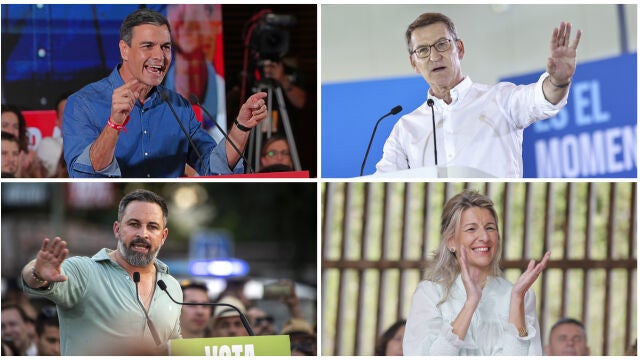 Alberto Núñez Feijóo (PP), Pedro Sánchez (PSOE), Yolanda Díaz (Sumar) y Santiago Abascal (Vox)