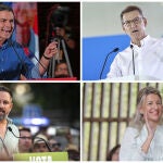 Alberto Núñez Feijóo (PP), Pedro Sánchez (PSOE), Yolanda Díaz (Sumar) y Santiago Abascal (Vox)