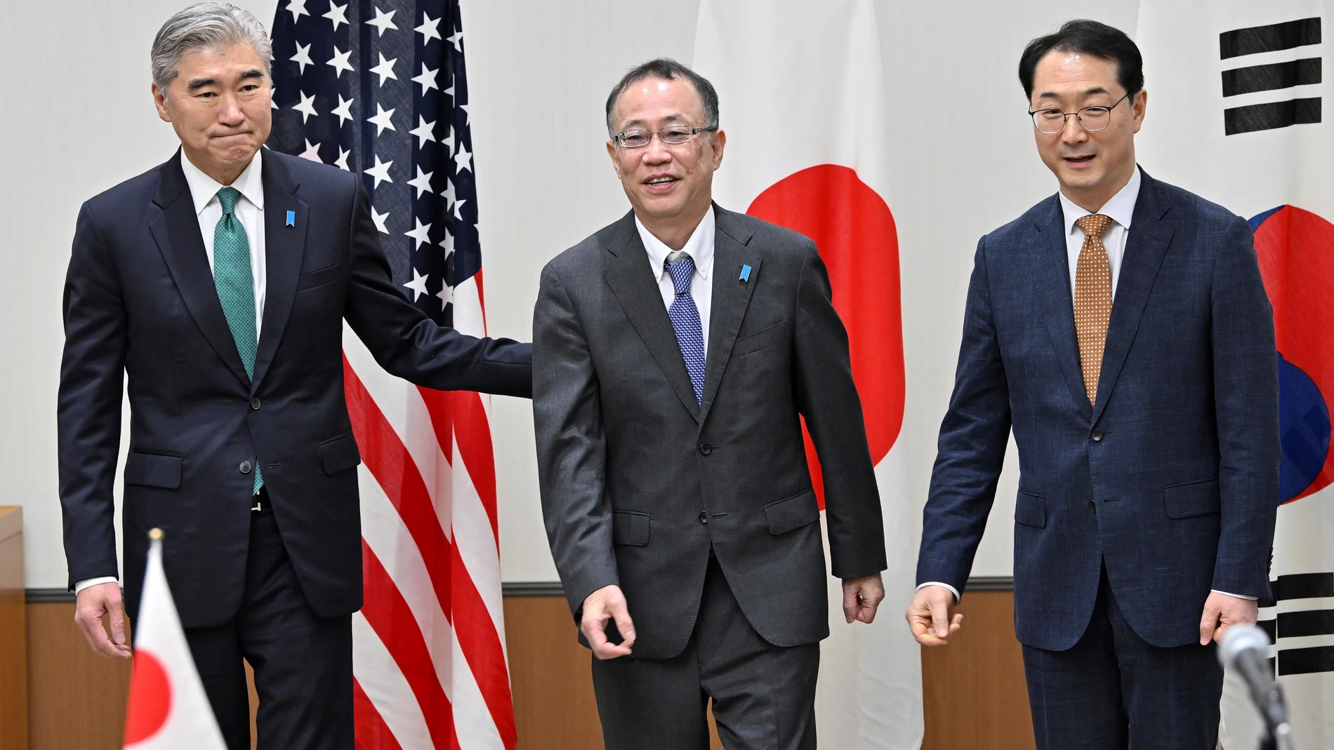 From left, U.S. Special Representative for North Korea Sung Kim, Japan's Ministry of Foreign Affairs Director General for Asian and Oceanian Affairs Takehiro Funakoshi, and South Korea's Special Representative for Korean Peninsula Peace and Security Affairs Kim Gunn pose prior to their talks on the North Korean situation in Karuizawa, Nagano prefecture, Japan Thursday, July 20, 2023. (Kazuhiro Nogi/Pool Photo via AP)