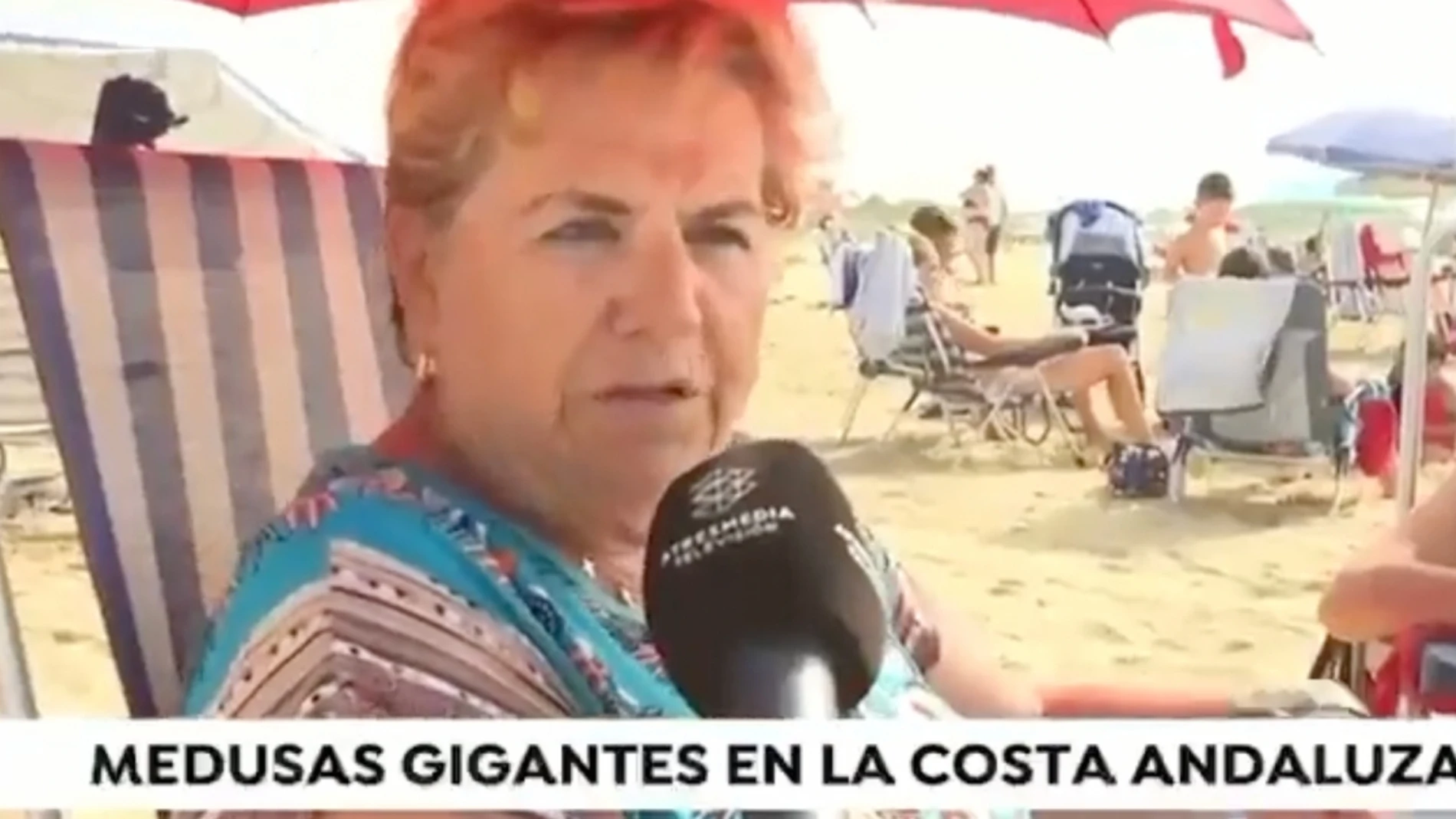 Señora en la playa sobre las medusas gigantes en la costa andaluza