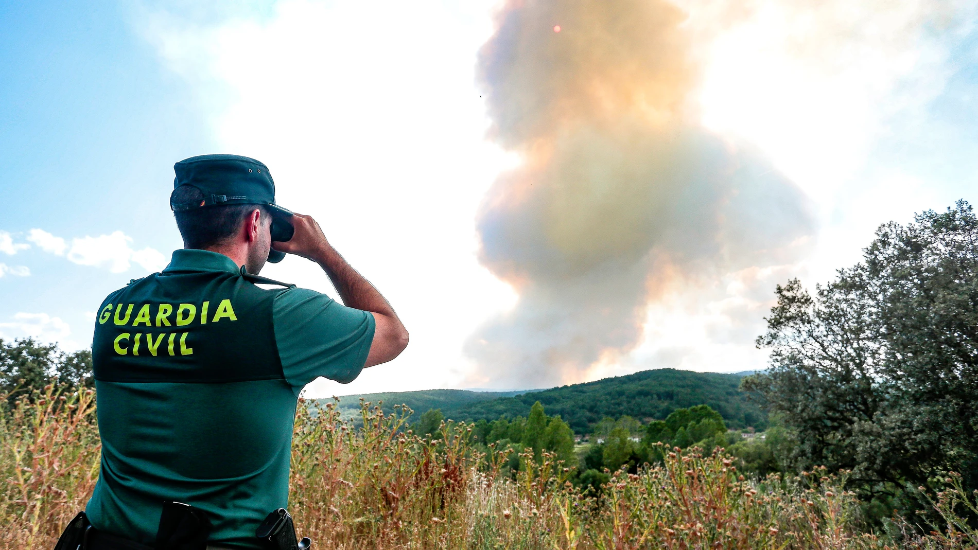 Un agente de la Guardia Civil observa el incendio