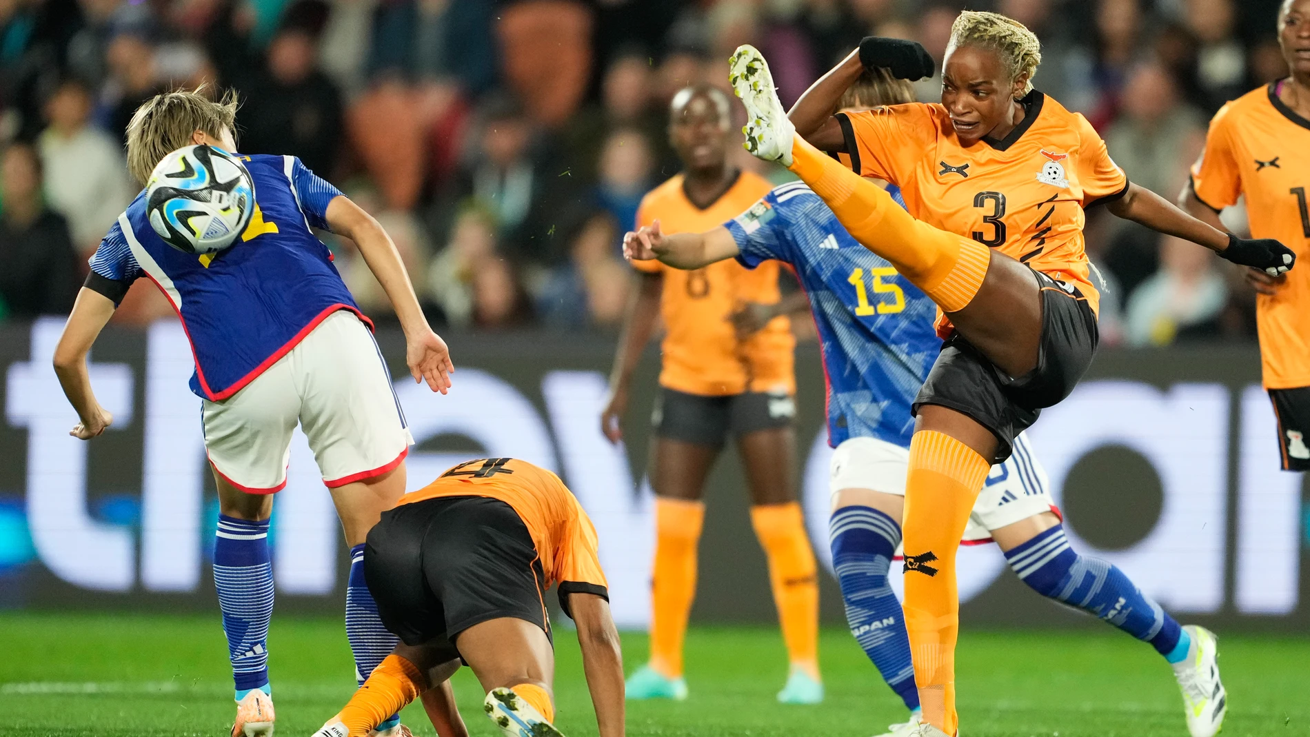 Zambia's Lushomo Mweemba kicks the ball down field during the Women's World Cup Group C soccer match between Zambia and Japan in Hamilton, New Zealand, Saturday, July 22, 2023. (AP Photo/John Cowpland )