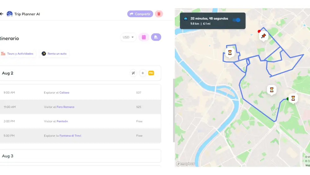 Después de seguir todos los pasos, esta herramienta te muestra el itinerario ilustrado en un mapa dividido por días