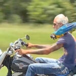 Un motorista conduce con un loro en cada hombro como copilotos 