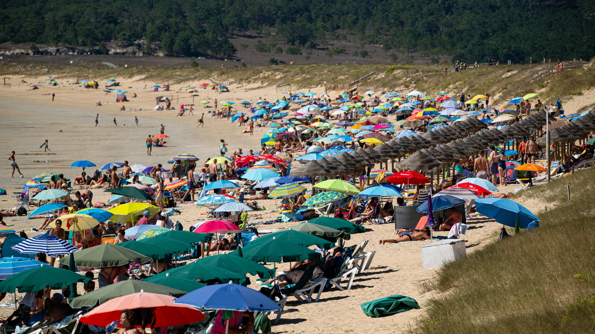 Varias personas se refugian del sol bajo sombrillas, a 7 de agosto de 2023, en Pontevedra, Galicia (España). El lunes por la tarde empezarán las alertas por altas temperaturas debido a esta ola de calor en Galicia. Se prevé que la situación empeore el martes a partir de la una de la tarde. Para entonces está previsto el nivel naranja de alerta en comarcas como Ourense y O Ribeiro por ejemplo, mientras que el nivel amarillo estará vigente en prácticamente todo el país incluida zonas costeras ...