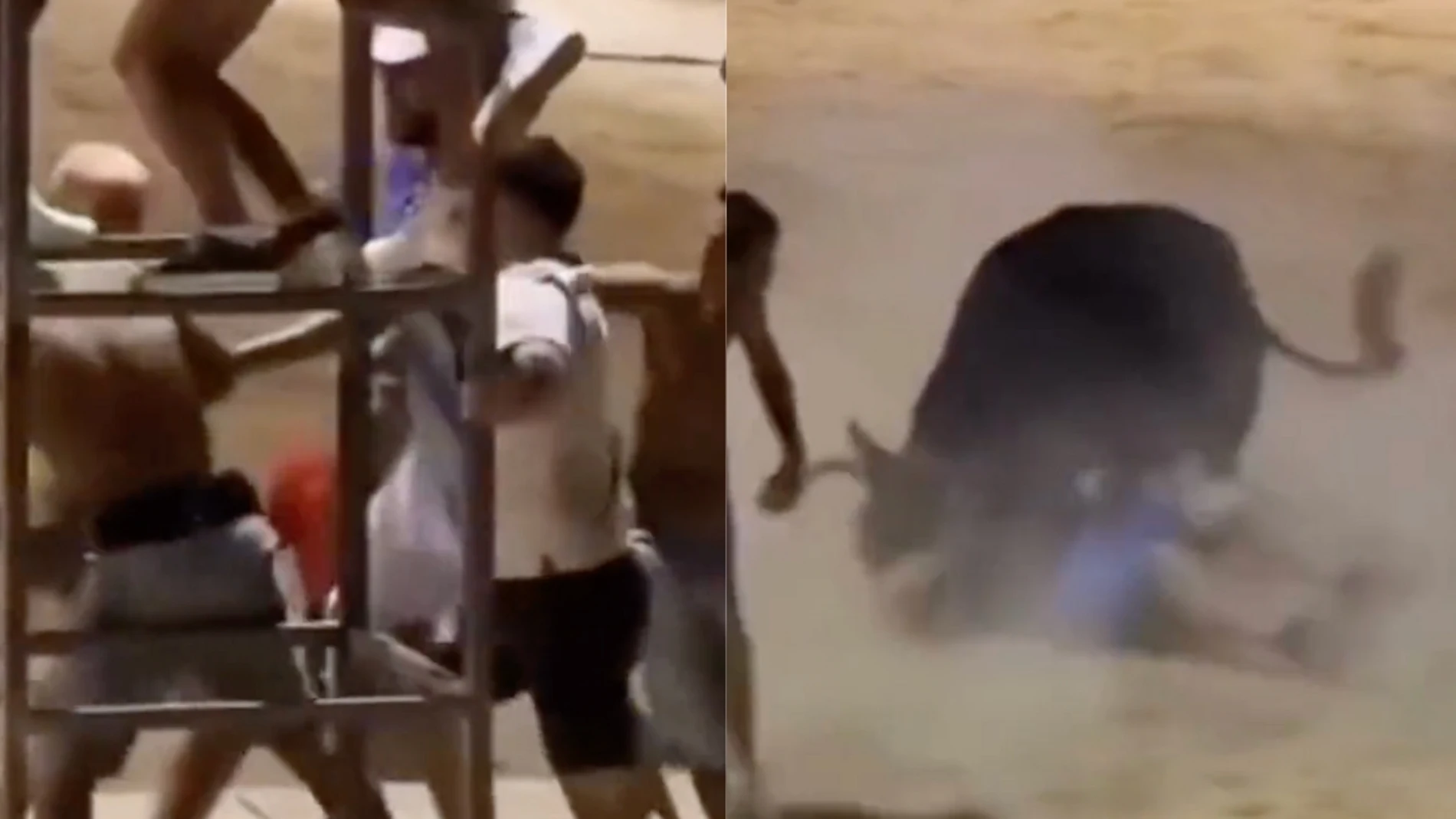 Un joven es embestido por un vaquilla en plena pelea