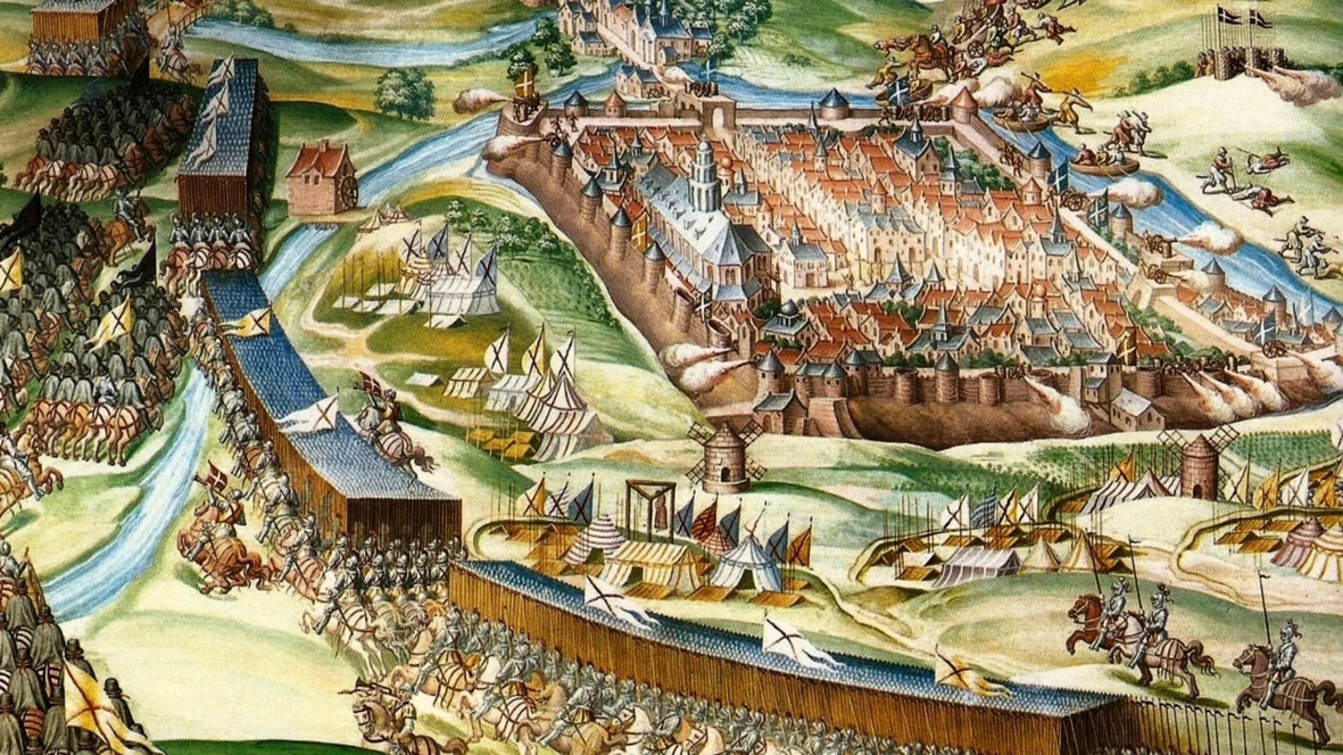 La derrota francesa (1585), un fresco de la sala de Batallas de El Escorial que reproduce los movimientos de los contendientes durante la batalla San Quintín
