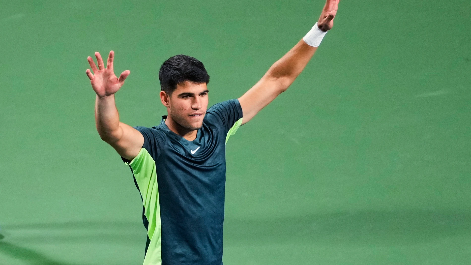 Spain's Carlos Alcaraz celebrates his win over United States' Ben Shelton during the National Bank Open men’s tennis tournament Wednesday, Aug. 9, 2023, in Toronto. (Mark Blinch/The Canadian Press via AP)