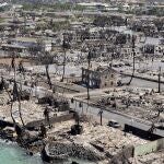 A handout photo made available by the Hawaii Department of Department of Land and Natural Resources shows an aerial view of the wildfire aftermath in Lahaina on Maui, 