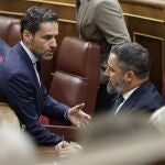 MADRID, 17/08/2023.- El presidente de Vox, Santiago Abascal (d) conversa con el diputado del PP Borja Sémper durante la votación en la sesión constitutiva de las Cortes Generales de la XV Legislatura, este jueves en Madrid. EFE/Chema Moya