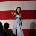Casey DeSantis, wife of Republican presidential candidate Ron DeSantis, greets guests during a campaign event at Eternity Church in Clive, Iowa. 