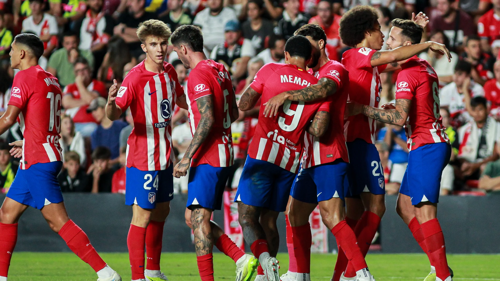 Memphis Depay of Atletico de Madrid celebrates a goal during the spanish league, La Liga EA Sports, football match played between Rayo Vallecano and Atletico de Madrid at Estadio de Vallecas on August 28, 2023, in Madrid, Spain. Irina R. Hipolito / Afp7 28/08/2023 ONLY FOR USE IN SPAIN