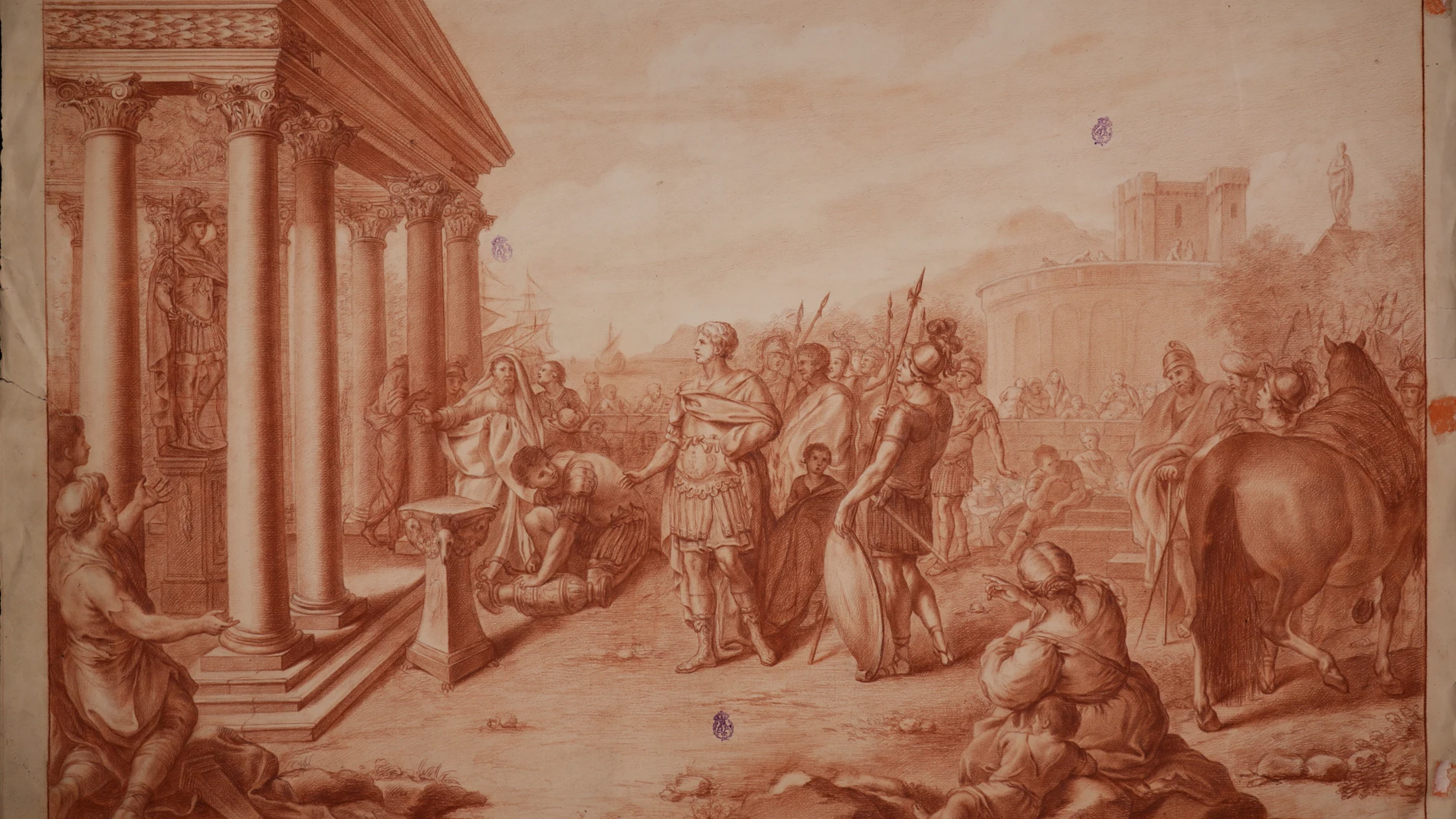 El artista José Brunete representó a Julio César delante del templo dedicado a Hércules en este dibujo del siglo XVIII
