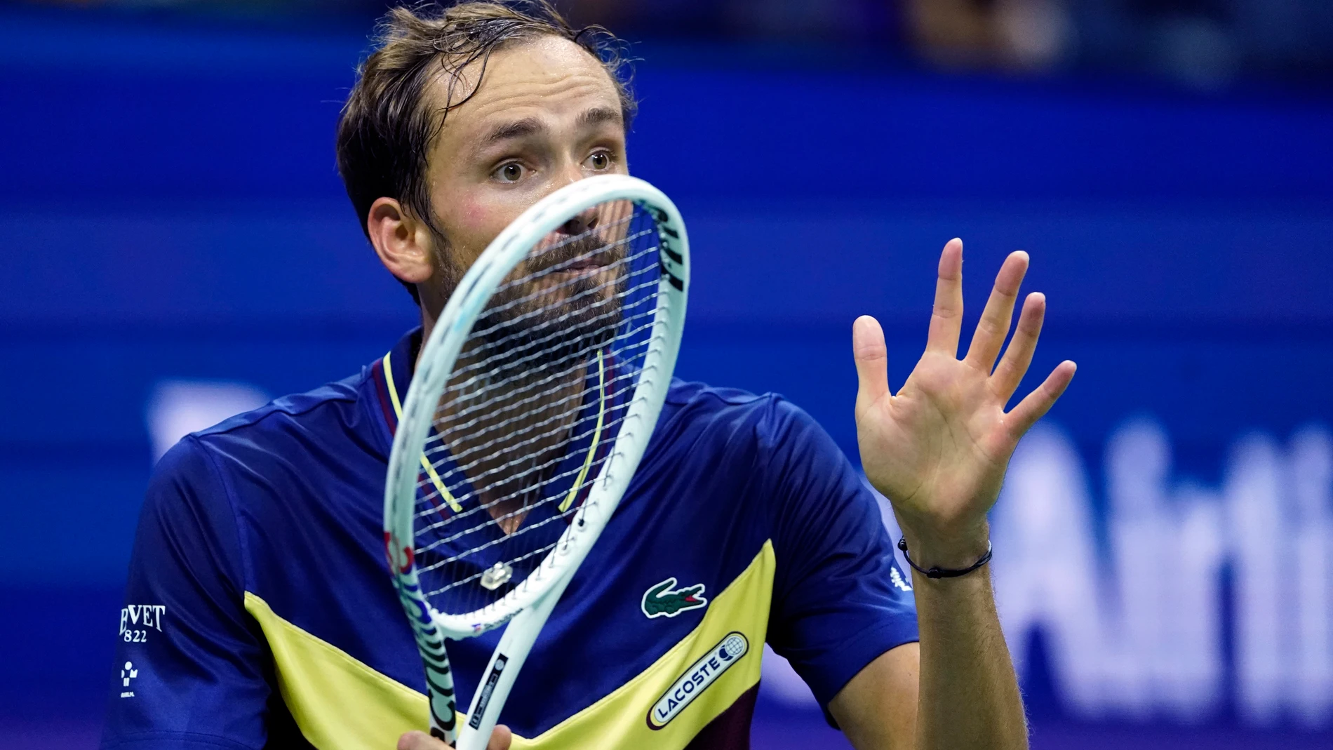 Daniil Medvedev, of Russia, reacts as he plays Sebastian Baez, of Argentina, during the third round of the U.S. Open tennis championships, Sunday, Sept. 3, 2023, in New York. (AP Photo/Eduardo Munoz Alvarez)