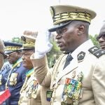  Head of Gabon's elite Republican Guard, General Brice Oligui Nguema (R), is decorated by Gabon Prime Minister Alain Claude Bilie Bie Nze (L) in Libreville on August 16, 2023 during celebrations ahead of Gabon Independence day celebrated on August 17, 2023.