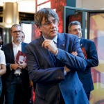 El expresidente de la Generalitat Carles Puigdemont en la inauguración de la muestra "Contribución de Cataluña al progreso social y político de la UE"