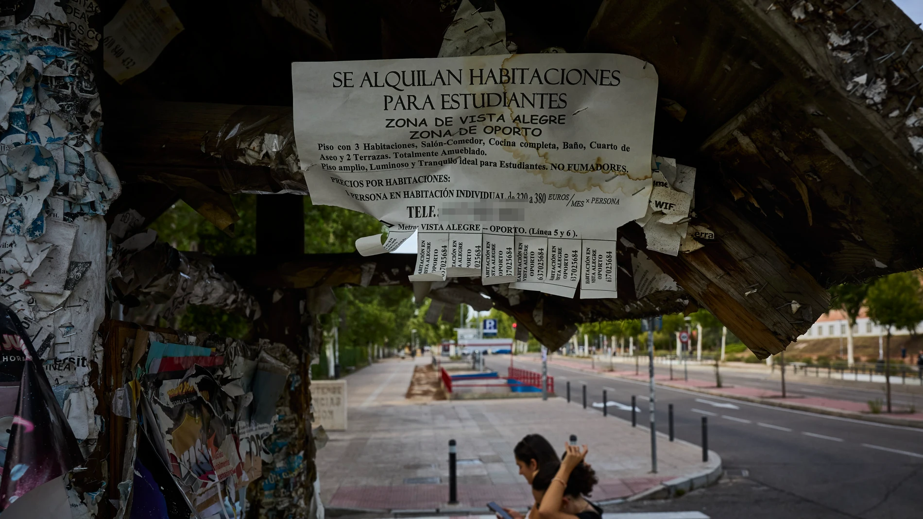Carteles con ofertas de alquiler de habitaciones en Madrid.