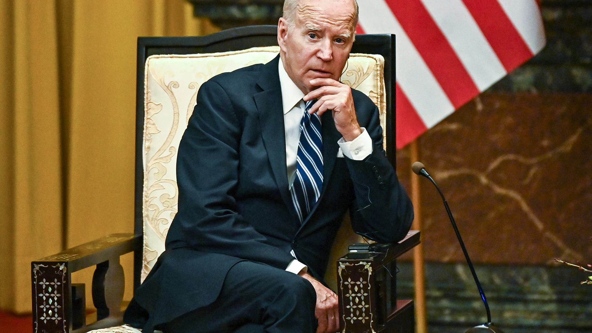 U.S. President Joe Biden speaks during a meeting with Vietnam's President Vo Van Thuong at the Presidential Palace in Hanoi, Vietnam, Monday, Sept. 11, 2023. (Nhac Nguyen/Pool Photo via AP)