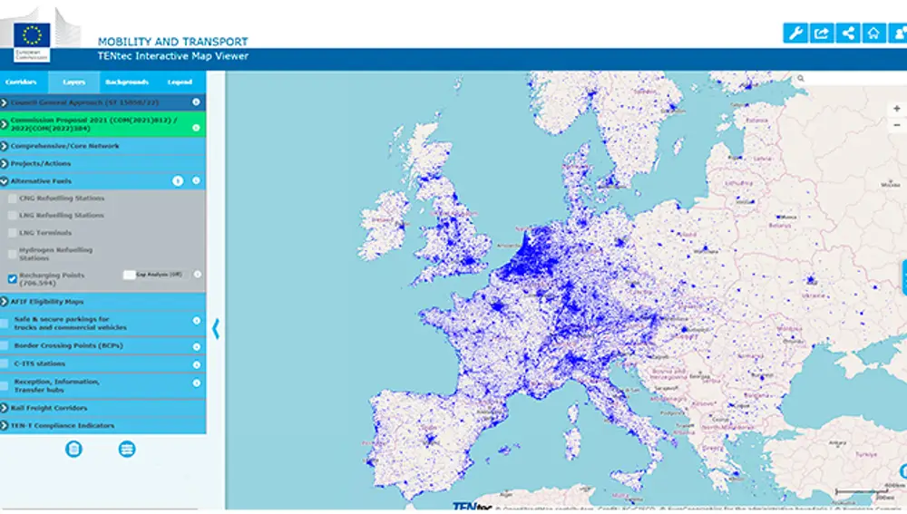 Todos los puntos de recarga de coches eléctricos en Europa.