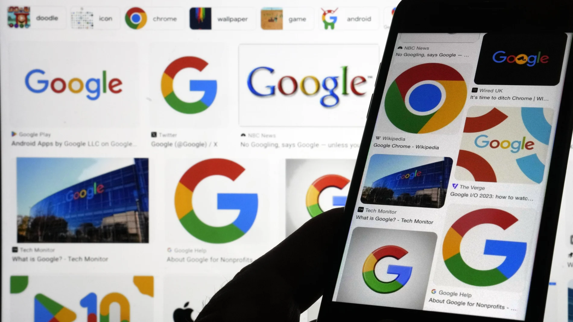 various Google logos when searched on Google. The U.S. government is taking aim, Tuesday, Sept. 12, 2023 in federal court, at what has been an indomitable empire: Google's ubiquitous search engine that has become the internet's main gateway.