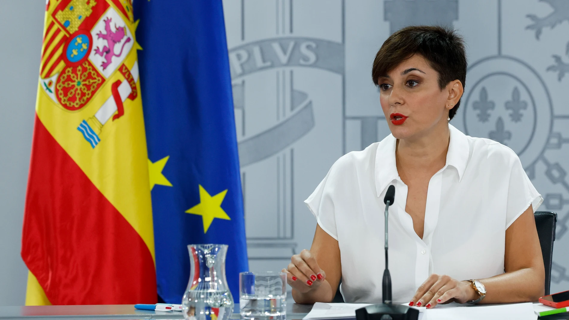 MADRID, 19/09/2023.- La ministra de Política Territorial y portavoz del Gobierno, Isabel Rodríguez, durante la rueda de prensa posterior a la reunión del Consejo de Ministros, este martes en Moncloa. EFE/J.J. Guillén