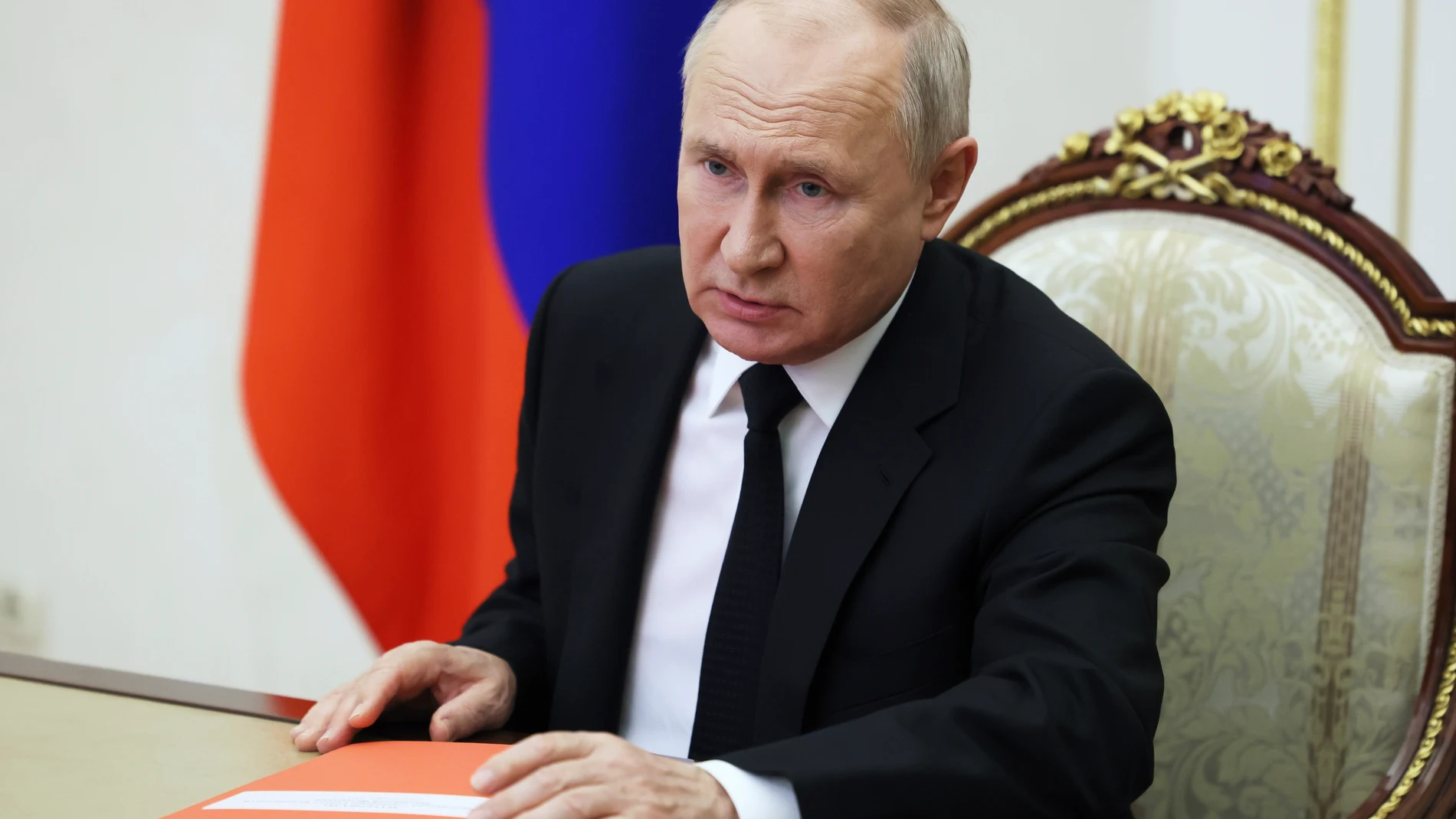 Russian President Vladimir Putin chairs a Security Council meeting via videoconference in Moscow, Russia, Friday, Sept. 22, 2023. (Mikhail Metzel, Sputnik, Kremlin Pool Photo via AP)