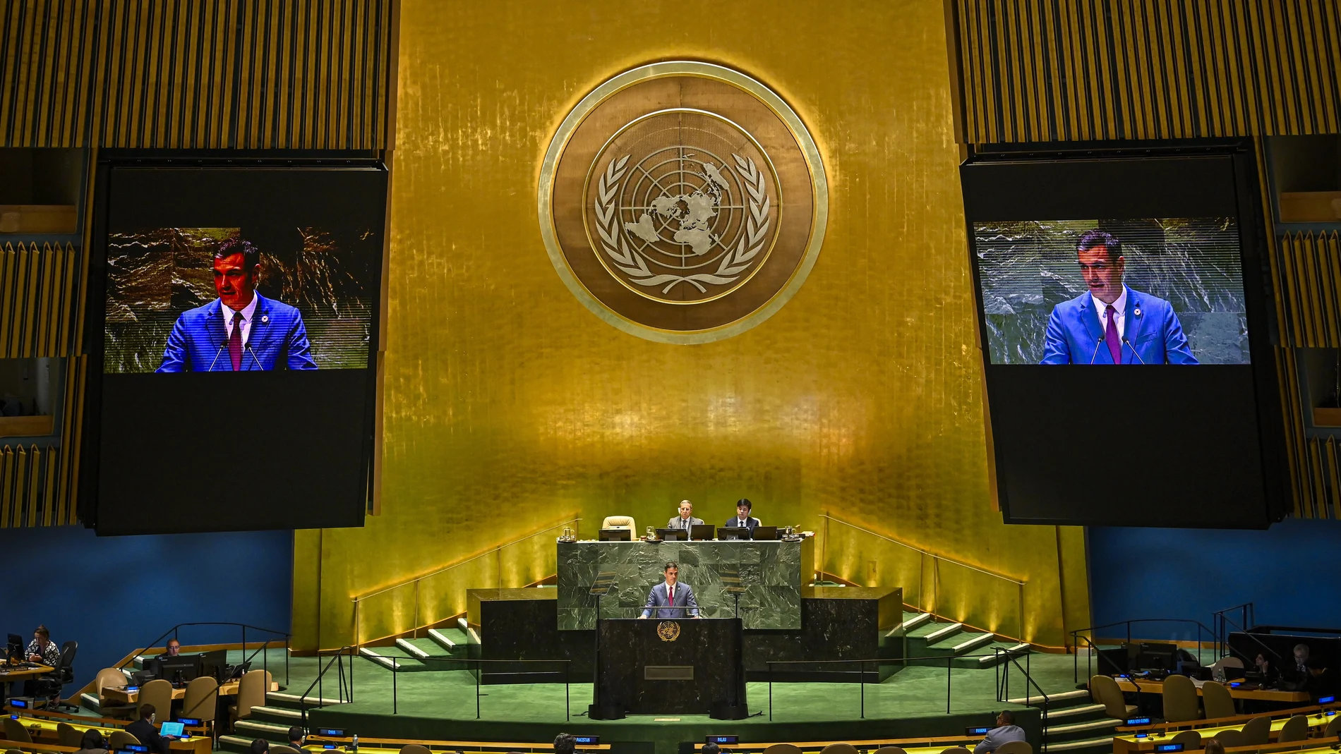 El presidente del Gobierno en funciones, Pedro Sánchez, durante su intervención en la 78º sesión de la Asamblea General de Naciones Unidas en Nueva York, 20 Septiembre 2023.